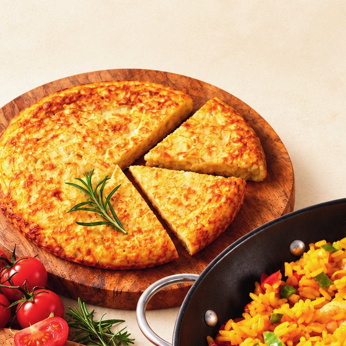 Tortilla española fatiada sobre tábua de madeira