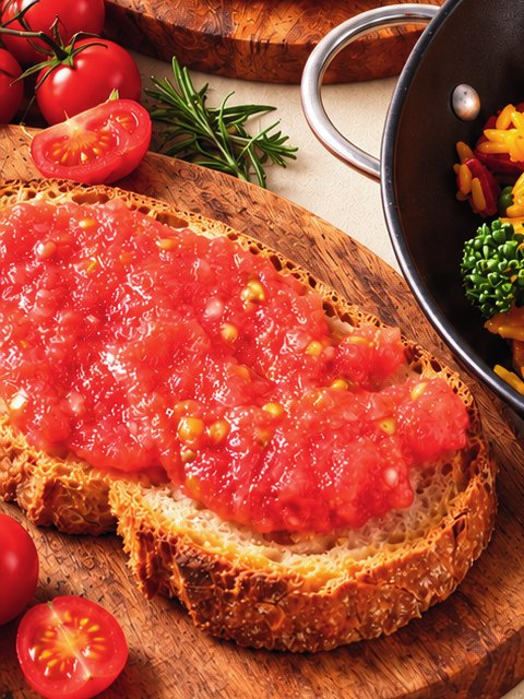Tostada com tomate sobre tábua de madeira